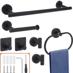 Bathroom Towel Bar Sets, 7pcs Matte Black Stainless Steel Bathroom Hardware Set,Bath Hardware Set Including 16" Hand Towel Bars, Paper Towel Holder, T