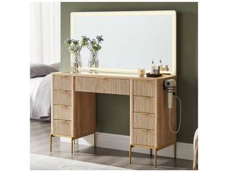 T4TREAM 48" Fluted Makeup Vanity Desk with 48" Large Mirror and HD Lights, Modern Vanity Table with 9 Drawers & Charging Station, Glass Top and Golden