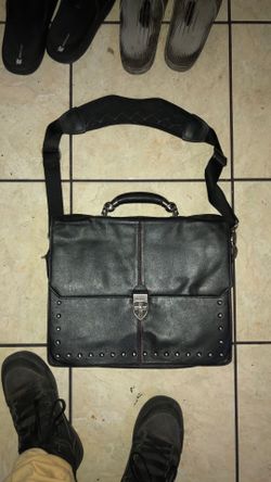 Zeyner Hellraiser Leather portfolio laptop top bag with metal skulls