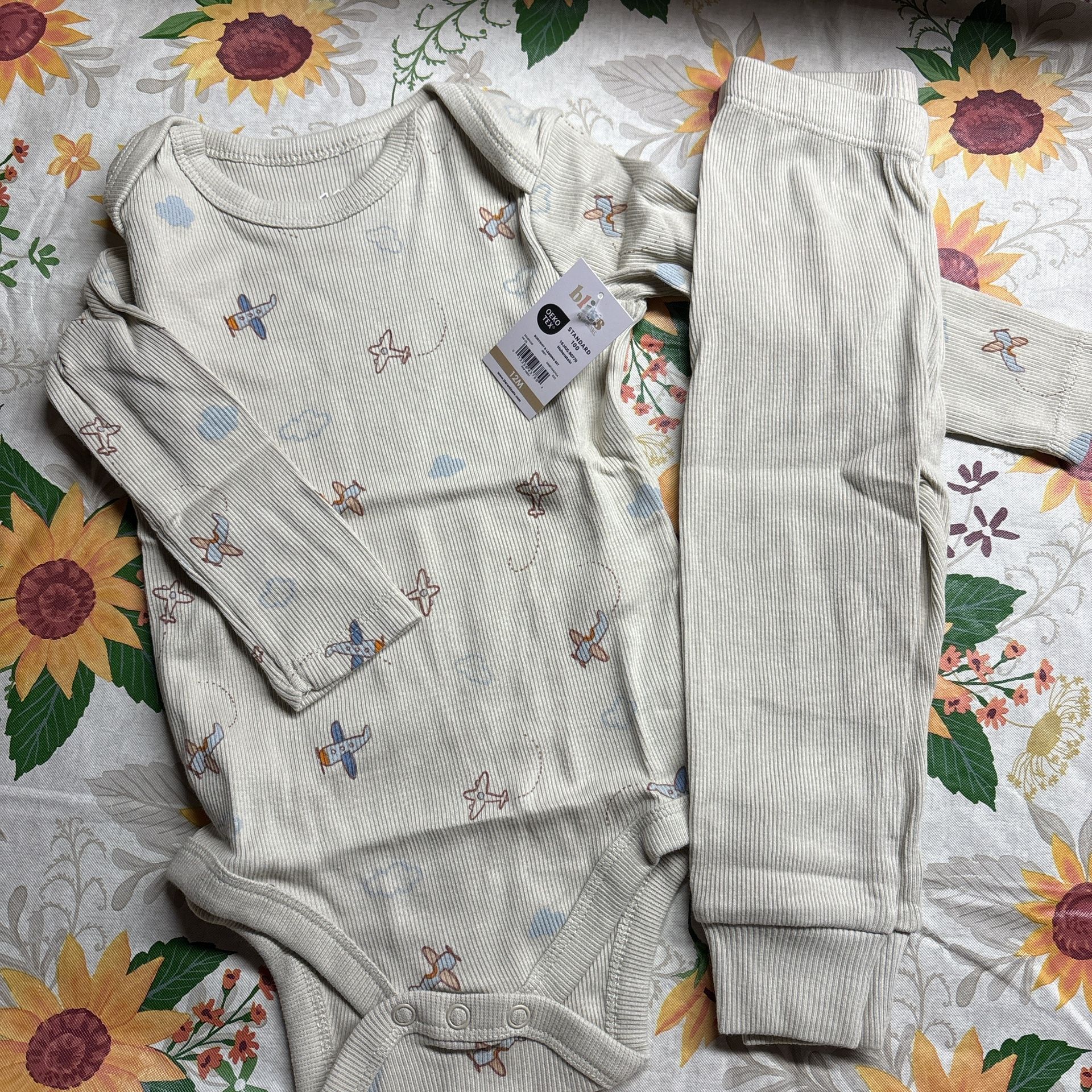 Cream and blue airplanes and clouds baby boy onesie and pants #babyfashion 12 months