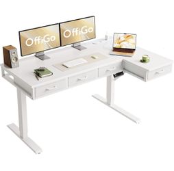 55 Inch L Shaped Electric Standing Desk with Drawers, Height Adjustable Large Desk with Power Outlets, Sit Stand Table, Writing Computer Desk for Home