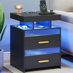  Black Nightstand with Charging Station: LED Bedside Table with 2 Drawer & Open Storage Shelf Smart End Table with Human Sensor Light Modern Bedroom F