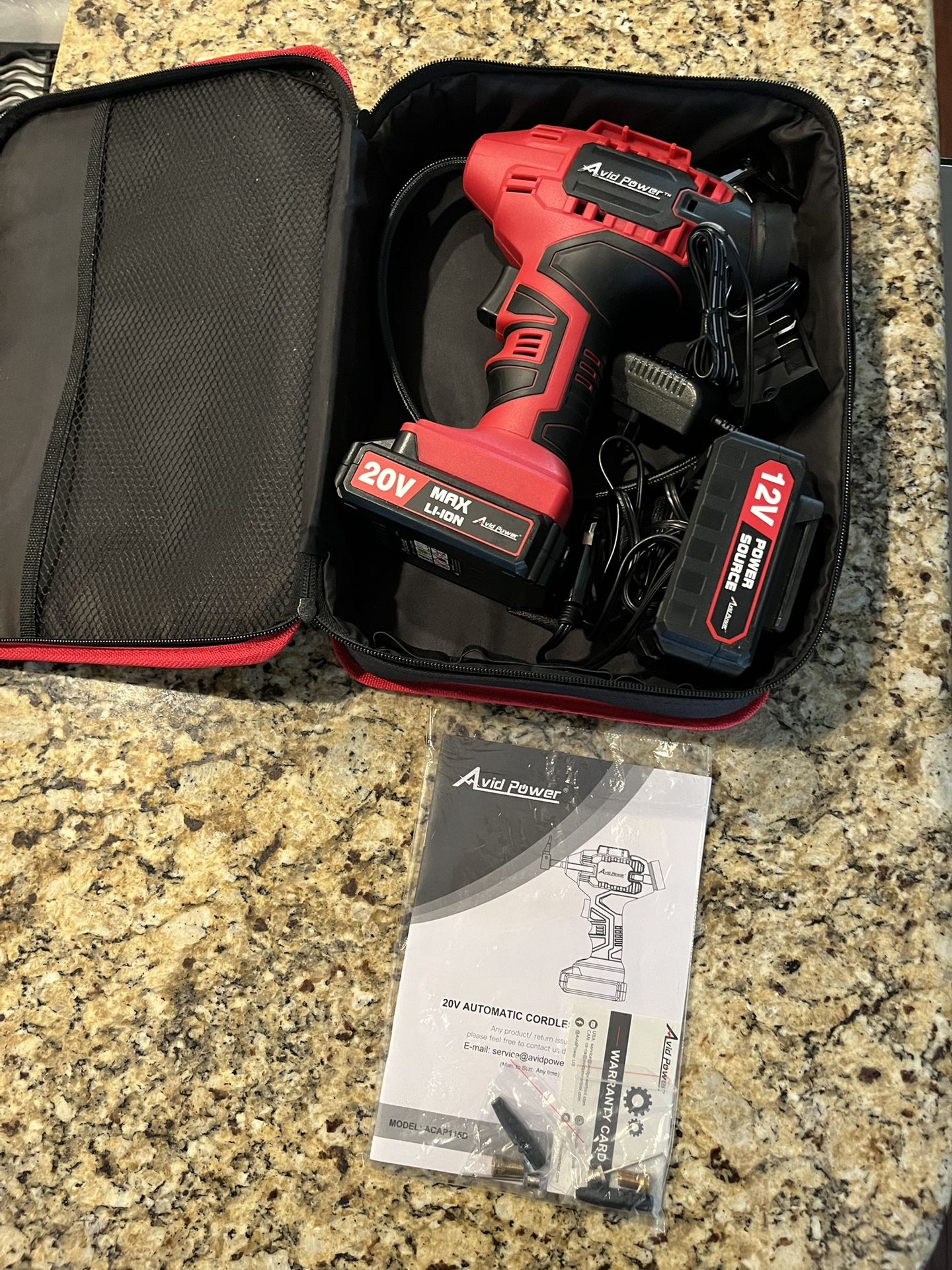 New Avid Power Tire Air Compressor With Carrying Case, Rechargeable Battery, DC adapter and Digital Power Gauge