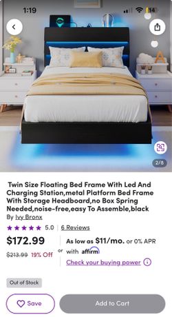 Twin Size Floating Bed Frame With Led And Charging Station, metal Platform Bed Frame With Storage Headboard,