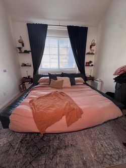 vintage platform bed frame, king size blue