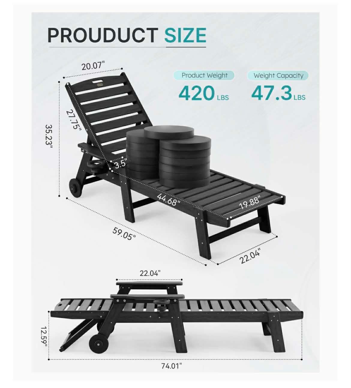 Chaise Lounge Chair Outdoor with Wheels, Oversize Patio Lounge Chairs with Wood Texture