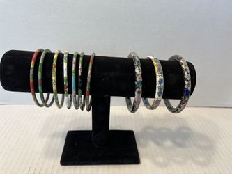 Chinese Cloisonne Enamel Flower Pink White Blue Red Bangle Bracelets