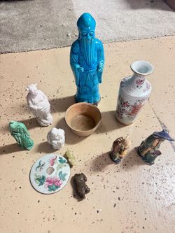 Mixed Asian Collectibles Lot – Jade Pieces, Antique Style Bowl & Porcelain Figures – $50