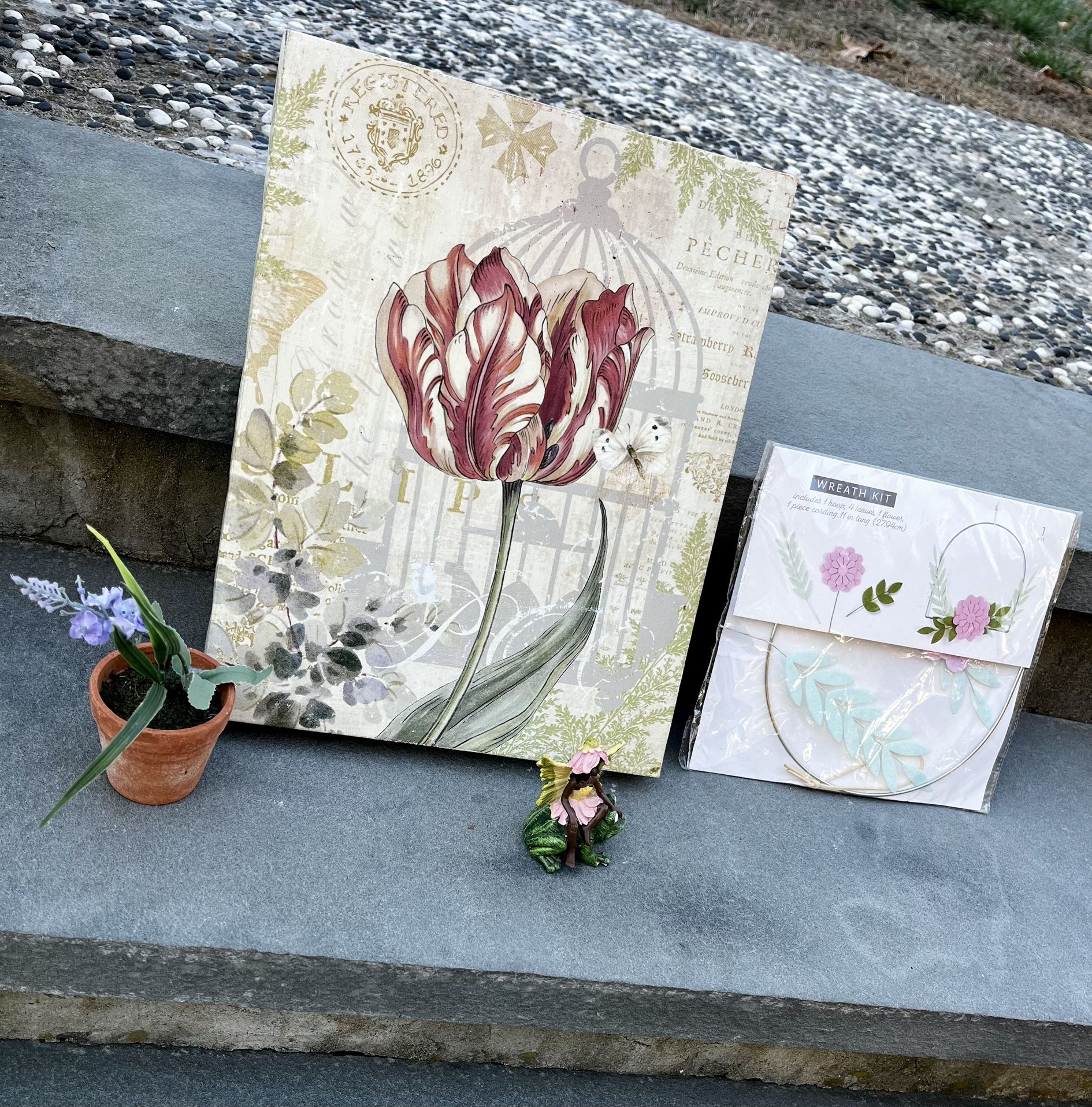 floral wall art, faux mini plant, small garden fairy statue and wreath kit
