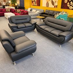 Black faux leather 3 piece living room sofa set