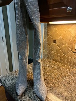 Silver Rhinestone Over-the-Knee Pointed Toe High Heel Boots