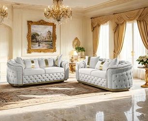 Brand Glam Beige Gold Tufted Pleated Accents With Gold Trim Sofa And Love Seat Set Curved Arms