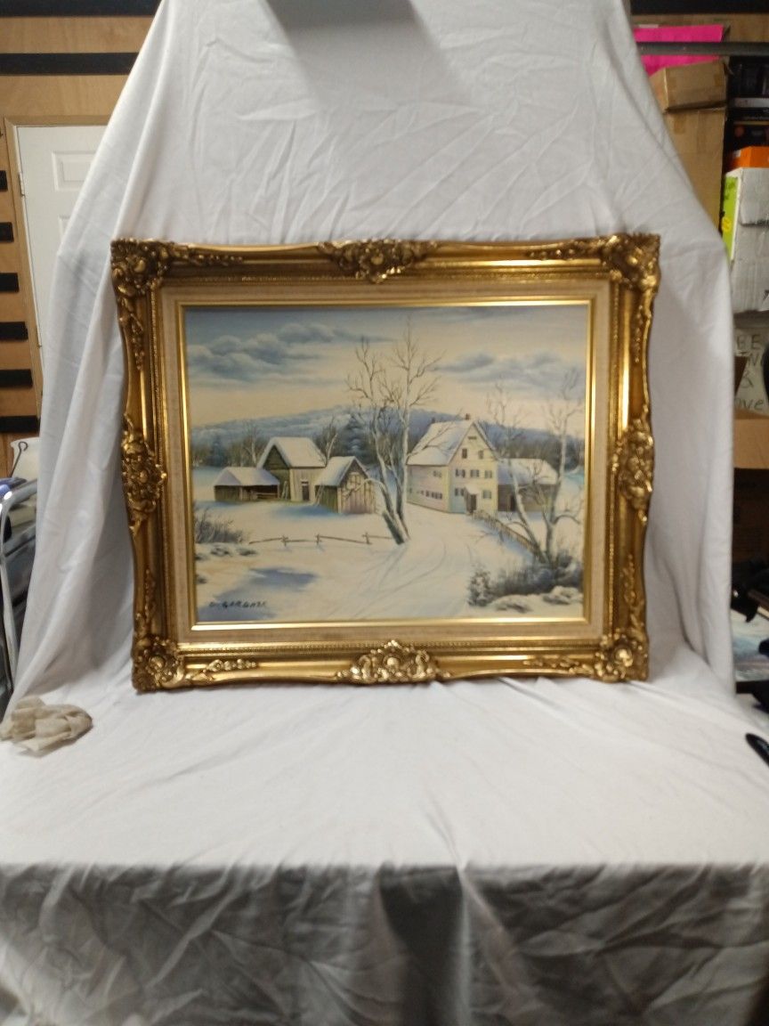 D. Gardner Winter Farmhouse Oil Painting on Canvas Country Cottage Scene 41 Ornate Frame