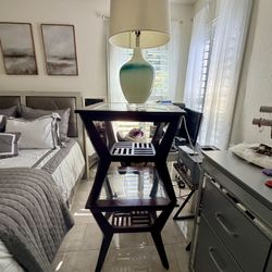 Wooden And Glass End Tables With Lamp