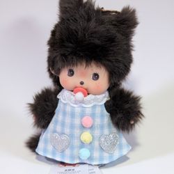 Viral “Punch” Monkey Monchhichi Bebichhichi Plush Doll in Blue Gingham Dress