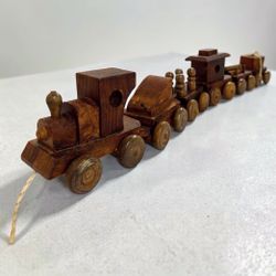 Vintage Wooden Pull Toy Train 26” Handcrafted Wood Cars Folk Art - Collectible
