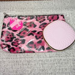 Pink Leopard Print Cosmetic Makeup Bag & Pink Compact Mirror 2 Piece Bundle