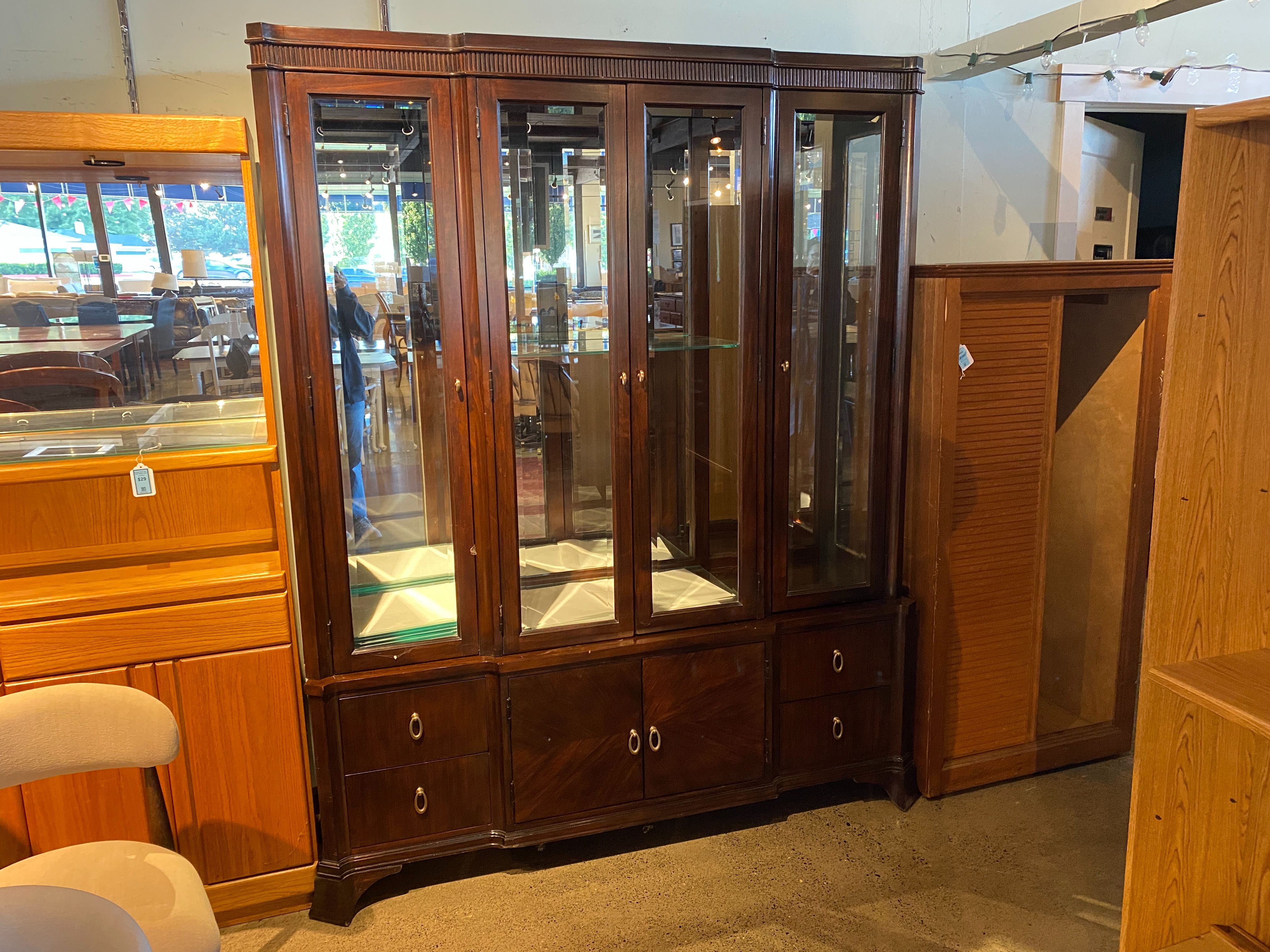 Espresso Colored China Hutch with Four Glass Door Top and Lower Storage