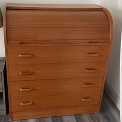 Vintage Roll-Top Secretary Desk / Dresser – Solid Wood, Mid-Century Style