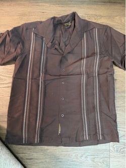 Size M, men’s Brown Cubanera shirt with white vertical stripes and chain-like embroidery #cubanera #embroidered