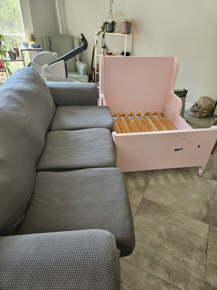 Sofa and twin bed, toddler bed.