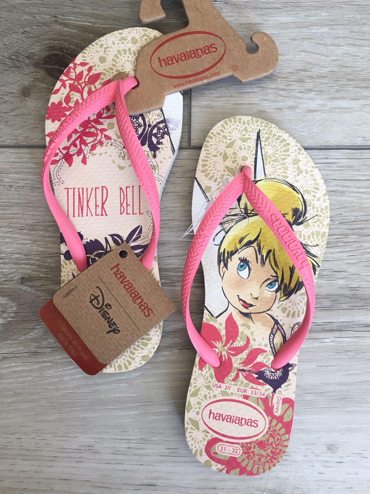NEW wTags Girls Kids Havaianas DISNEY Tinkerbell Slippers Flip Flops Sandals Shoes Size 2Y / 33-34
