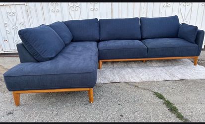 Modern Navy Blue Sectional Sofa Couch  Mid Century Style w/ Wood Legs