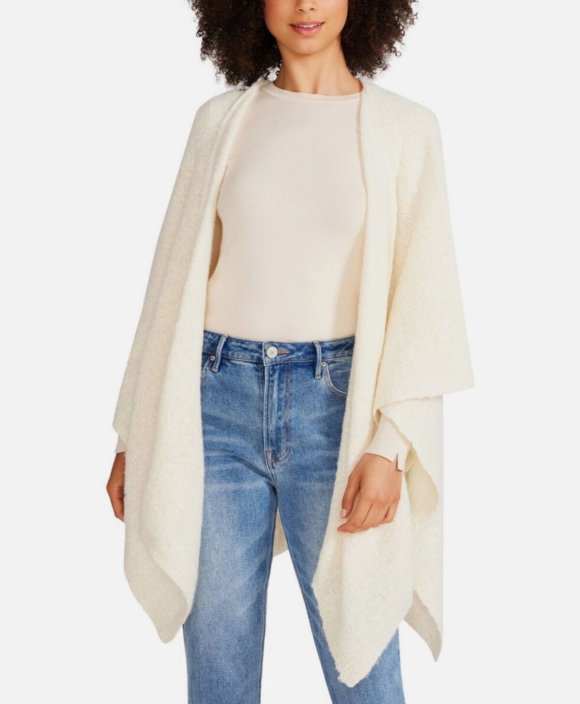 Steve Madden Women's Open Front Solid Boucle Lurex Cape Poncho Cream Ivory Cozy