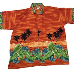 Ingear Men’s Orange Green Hawaiian Palm Tree Beach Casual Shirt XXL Vintage