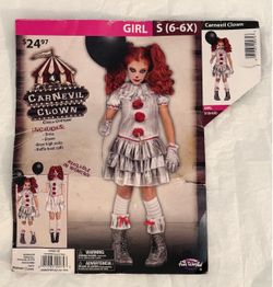 NEW NEVER WORN - Girls’ Carnevil Clown Halloween Costume – Size 6/6X – 4 Piece Set