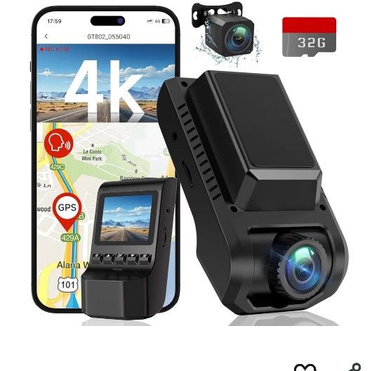 Dash Cam Front and Rear, 4K Ultra HD+1080P Dash Camera for Cars, Built-in Wi-Fi GPS, Included 32GB Card, 2.0'' IPS Screen Mini Car Camera, App, Night 