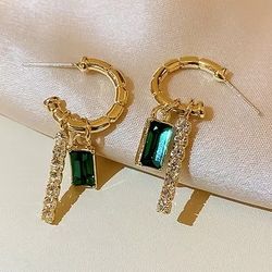 Fashion C Shape Gold Plated Crystal Green Drop Earrings.