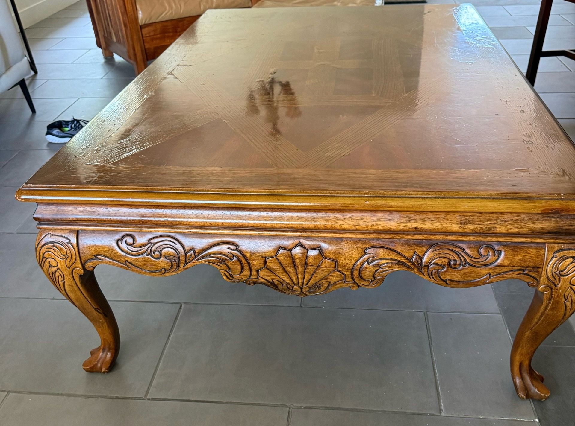 Ornate Carved Wood Coffee Table — Parquet Inlay, Cabriole Legs