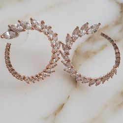 Gold Tone Cubic Zirconia Half Circle Stud Earrings Medium Size Leaf Details