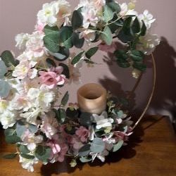 12” gold metal hoop with decorated artificial flowers and batteries operated candle for decoration or centerpieces, $35