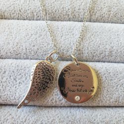 Sterling Silver Angel Wing Necklace And Circle Pendant...19 Inches Long