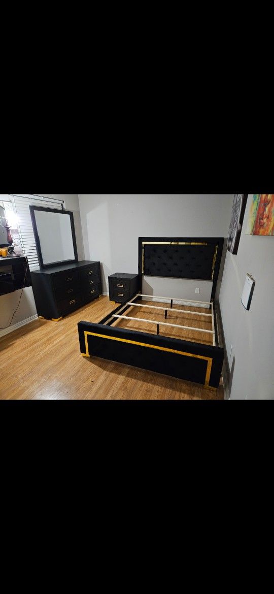 Brand New 4 Pcs Bedroom Set Black Velvet & Gold Bed, 1 Night, Dresser & Mirror Queen: $689 King: $839