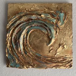 Gold Leaf Sculpted Wave On Wood Panel With Natural Patina