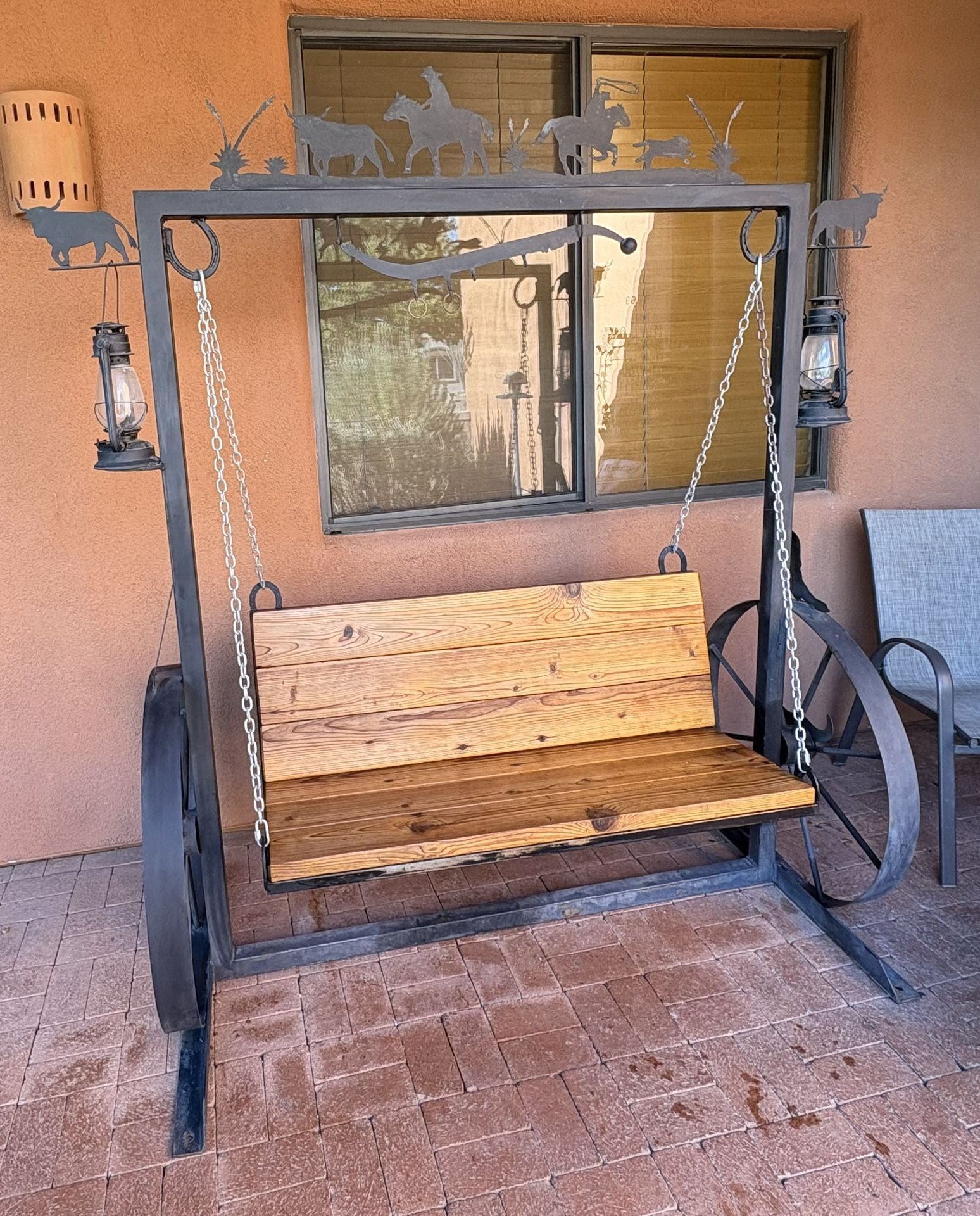 Wooden Swinging Bench With Metal Southwest Style Frame For Patio Or Outdoors