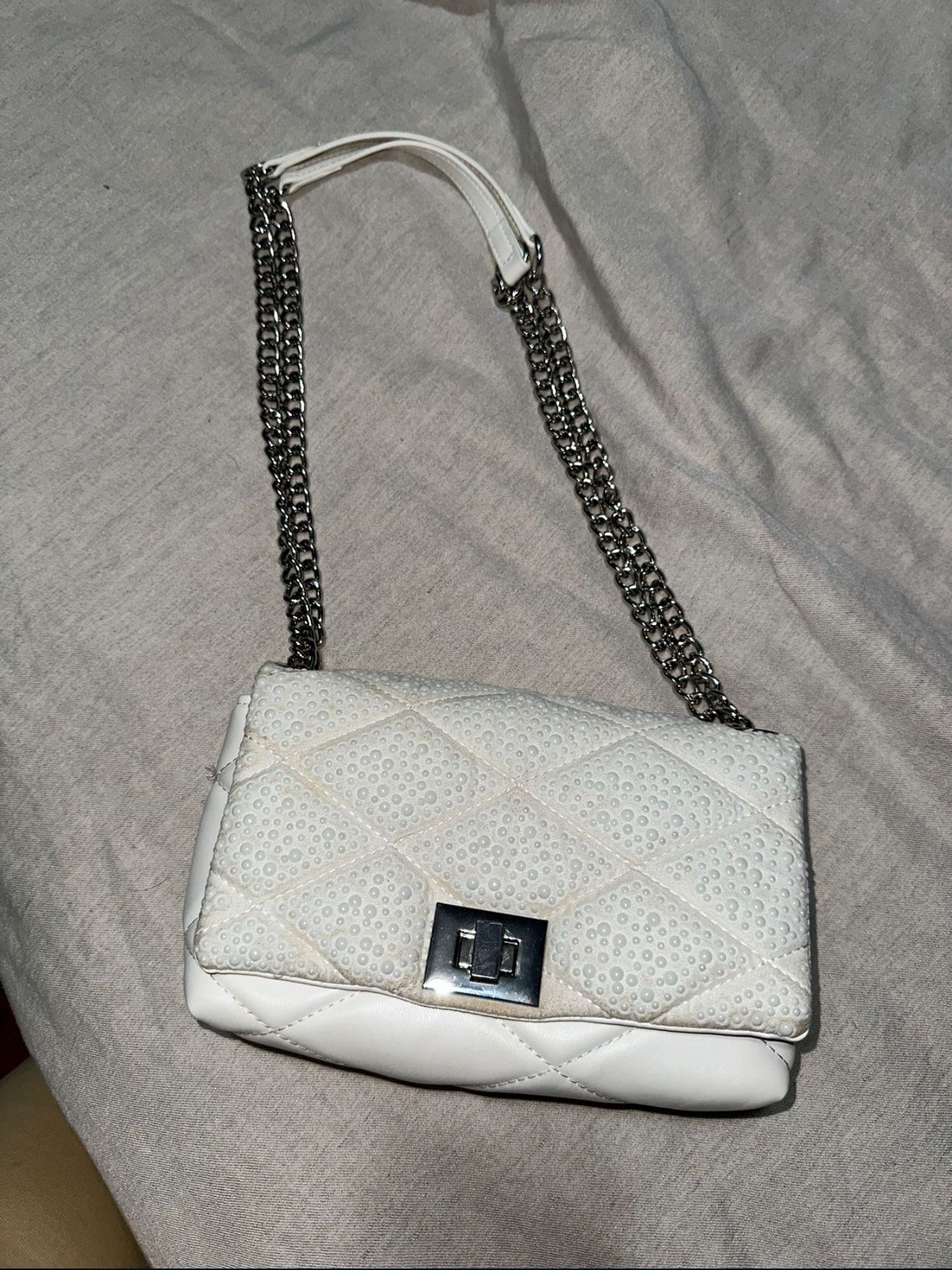 White Shoulder Bag INC Faux Leather And Pearls Adjustable Strap 