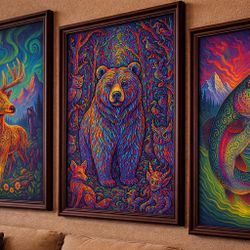 Set of 3 Framed 8×12” Wildlife Art Prints – Bear, Elk & Trout 🎣🐠