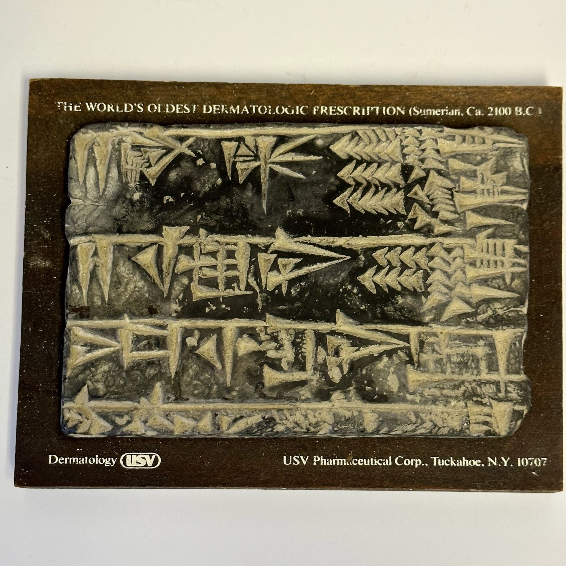 USV Pharmaceutical Dermatologic Sumerian Prescription Plaque Ca. 2100 BC Replica