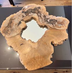 Handmade maple burl slab mirror w Native American/Western motif