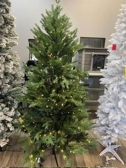 6 ft Pre Lit Artificial Christmas Tree with Lights, Fraser Fir Realistic PE PVC Branch Tips, Holiday Xmas Tree, Metal Stand Automatic Unfold Hinged De