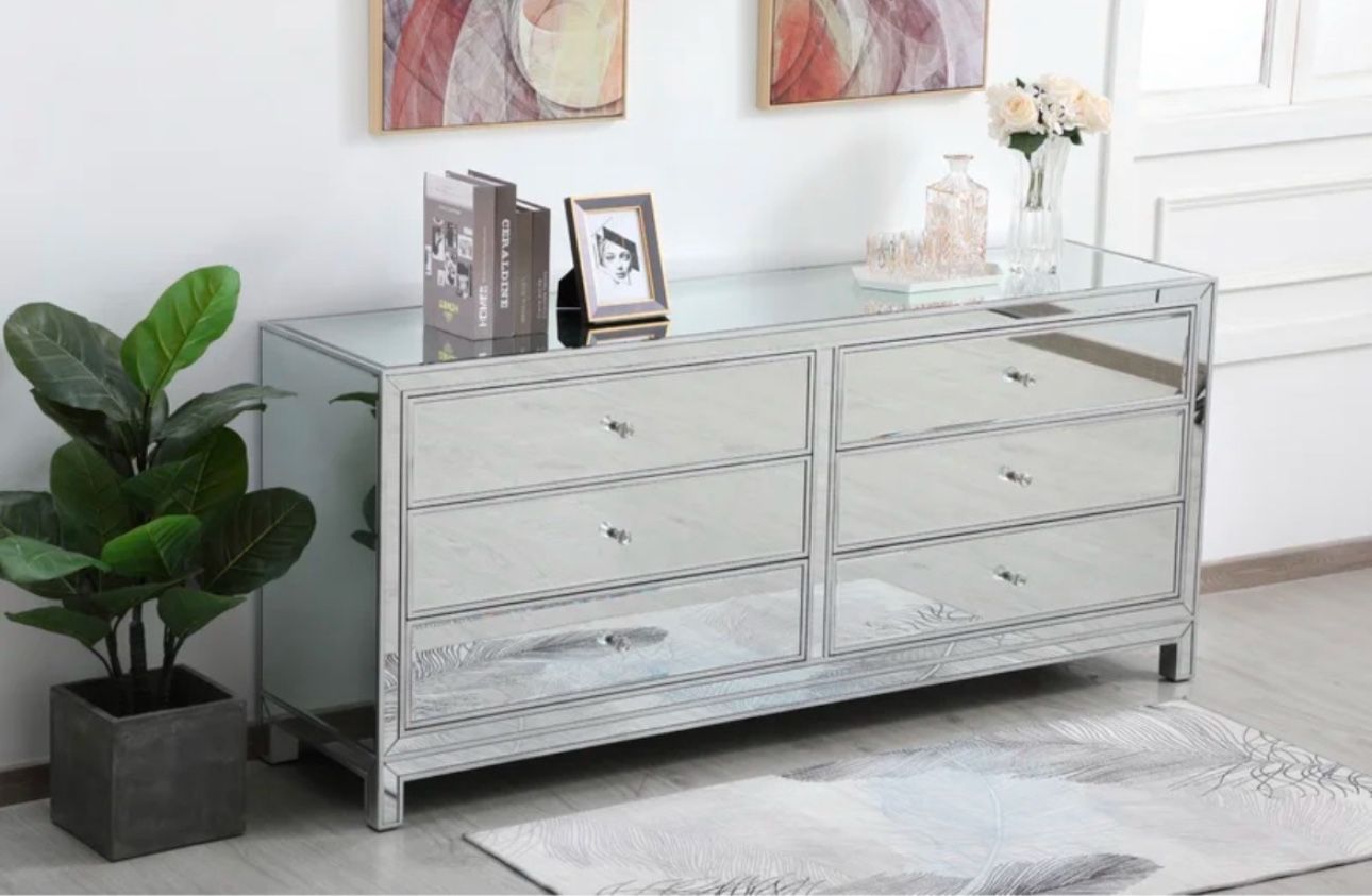 Everly Quinn Rotella Mirrored 6-Drawer Dresser, Glam & Modern, 72” Wide