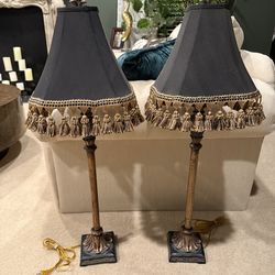 Pair Vintage Fredrick Cooper Style Ornate Candlestick Buffet Lamps with Black Tasseled Shades