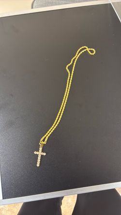 Gold Rope Chain Necklace with CZ Cross Pendant