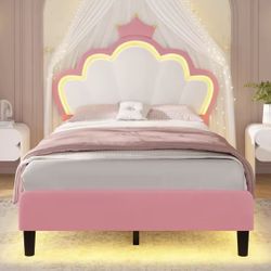  1 Princess Twin Bed Frame with LED Lights, Adjustable Velvet Headboard, Pink Girls Platform Bed