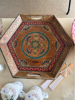 Octagon Bohemian Tray with handles Antique Vintage