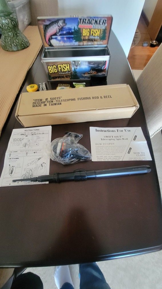 Telescoping Fishing Rod And Reel And Tin Tracker Tackle Box With Items ! All new